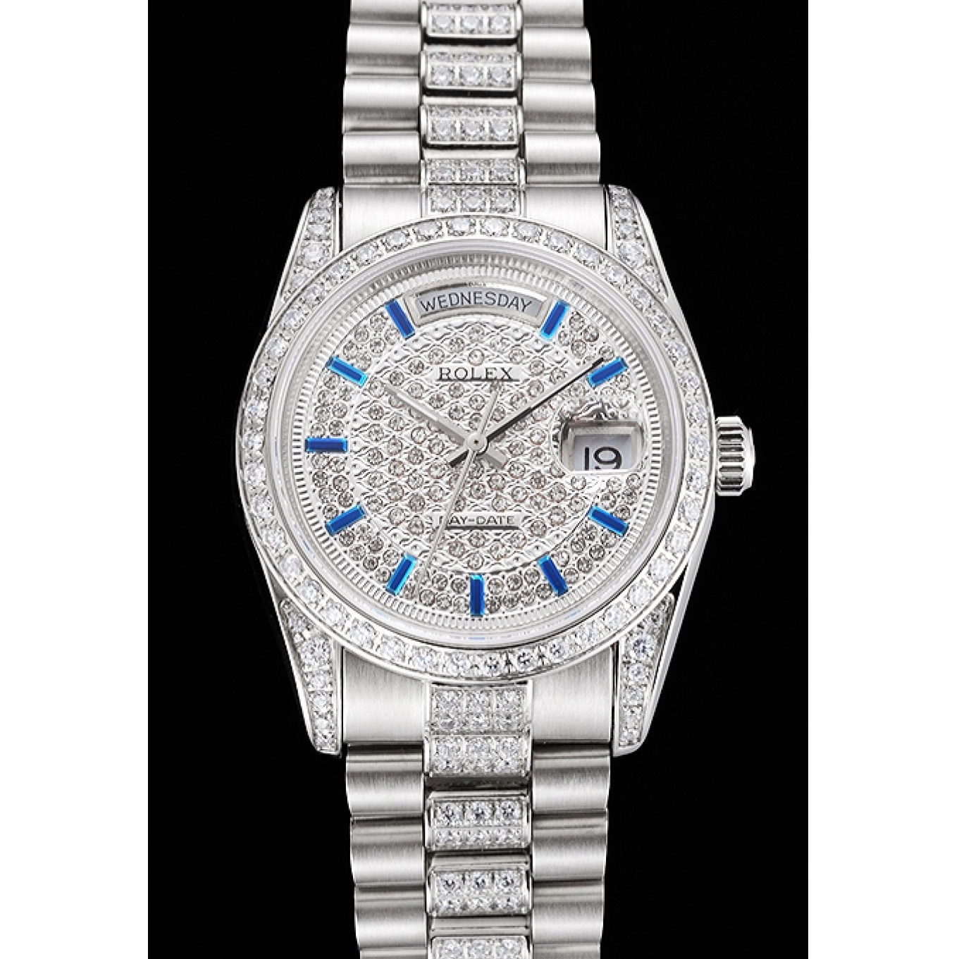 MiroTime 0712 Swiss Rolex Day Date Diamond Pave Dial And Bezel And Stainless Steel Bracelet